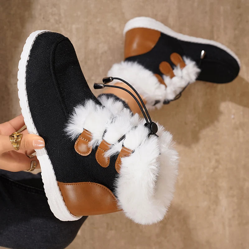 Non Slip Winter Fur Snow Boots Women Casual Lace Up Flat Heels Snow Boots Woman Comfortable Faux Fur Cotton Padded Shoes Female