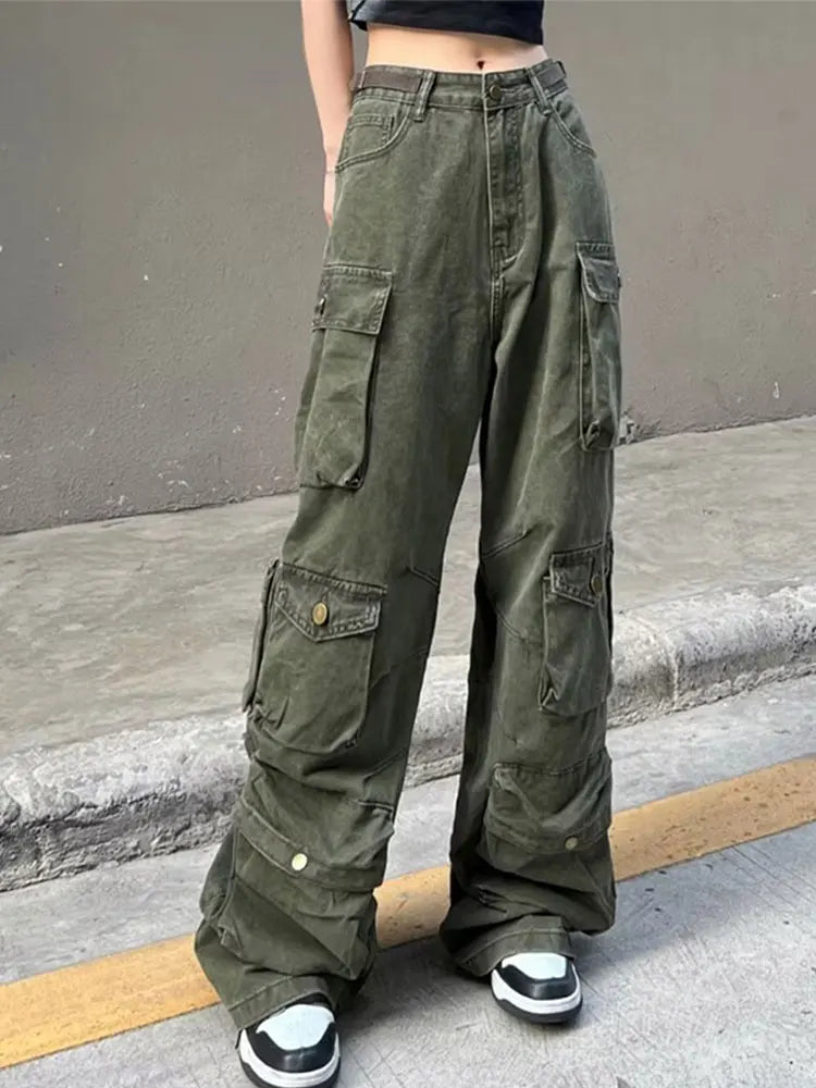 Multi-Pocket Washed Cargo Pants Women Heavy Industry Streetwear Y2K Vintage High Waist Oversized Straight-Leg Jeans Trousers