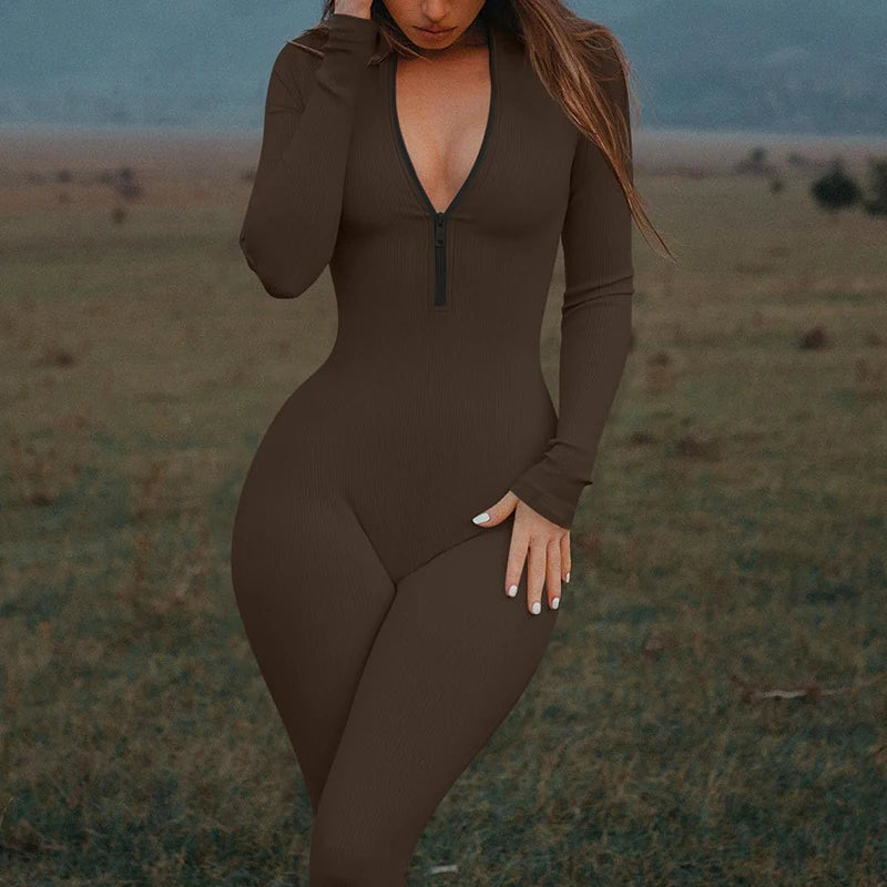 Women's Yoga Jumpsuit Workout Ribbed Long Sleeve Front Zip Athletic Solid Color Bodysuit Jumpsuit