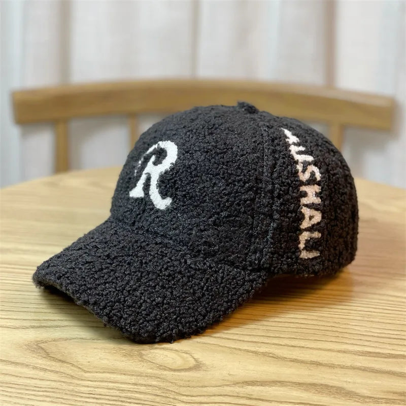 CNTANG Autumn Winter Caps Fashion New Embroidered Letter Imitation Lamb Velvet Baseball Hat Thickened Warm Street Wild Trend Cap