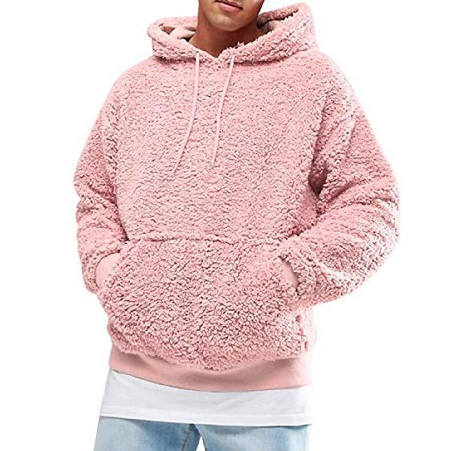 Men's Sherpa Hoodie Fuzzy Pullover Casual Long Sleeve Kangaroo Pocket Hoodie Autumn Winter Warm Hooded Sweatshirt