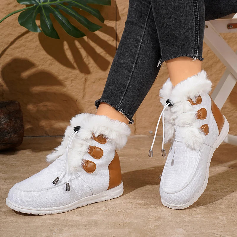 Non Slip Winter Fur Snow Boots Women Casual Lace Up Flat Heels Snow Boots Woman Comfortable Faux Fur Cotton Padded Shoes Female