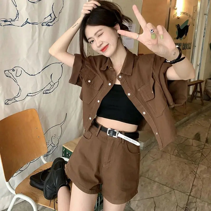 Retro Denim Fashion Set for Women's Summer 2024 New Korean Style Shorts with a Sense of Luxury and Age Reduction Two-piece Set