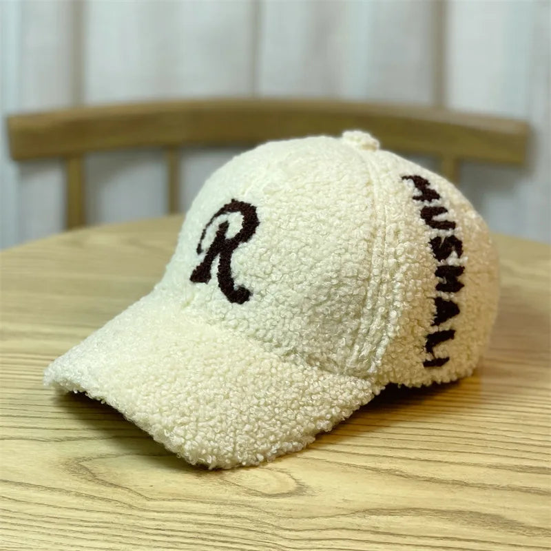 CNTANG Autumn Winter Caps Fashion New Embroidered Letter Imitation Lamb Velvet Baseball Hat Thickened Warm Street Wild Trend Cap