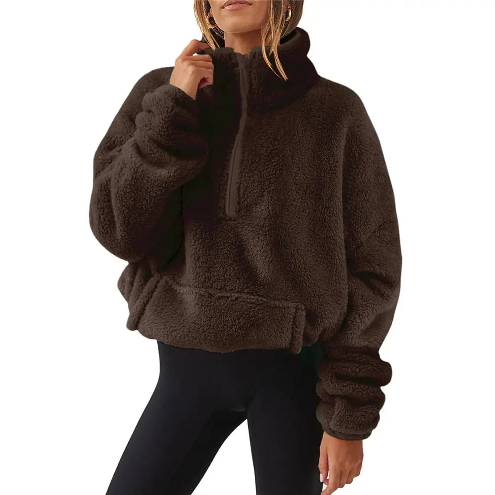 Women Sherpa Turtleneck Sweater Teddy Fleece Pullover 1/3 Zipper Fluffy Tops Winter Ladies Streetwear Jumper