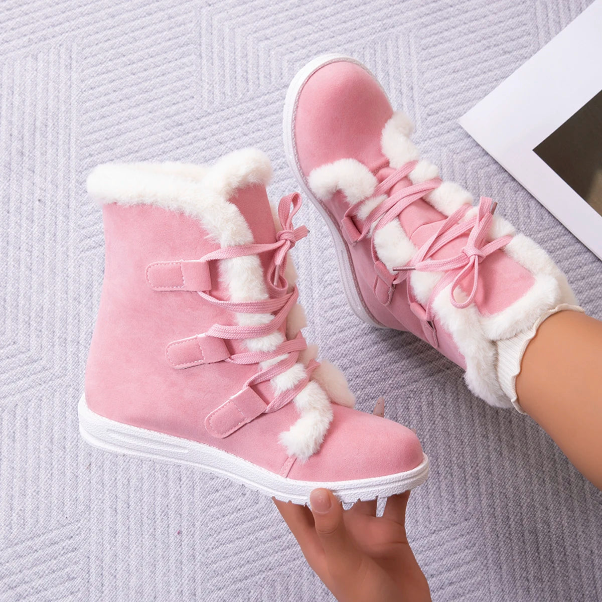 Snow Boots Women's Shoes Short Boot Winter Wedges Luxury Elegant Woman Lolita Furry Sneakers Pink Cute Comfortable Flat on Offer