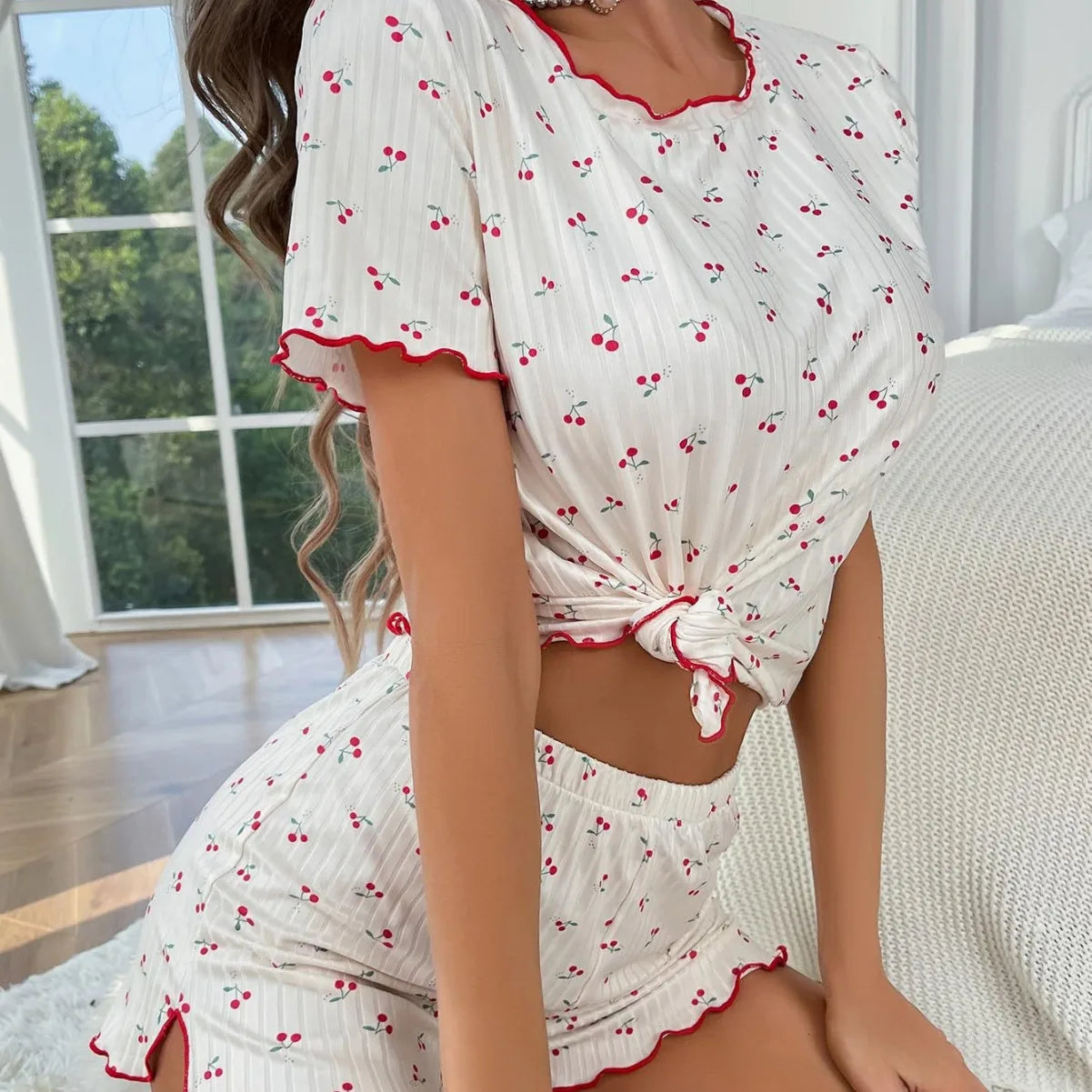 Women Kawaii Pajamas Set Cherry Print Frill Short Sleeve Tops and Elastic Waist Shorts 2 Piece Outfits Loungewear