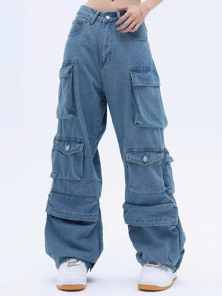 Women Baggy Cargo Jeans Trendy Low Waist Zipper Button Closure Loose Casual Trousers Streetwear with Pockets Cowboy Long Pants