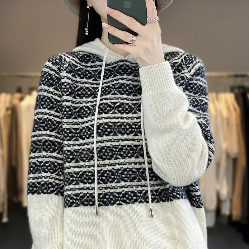 Pullover Cashmere Sweater Women's Knitted New  23 Hooded Women's 100% Wool Sweater Loose and Comfortable in Autumn and Winter