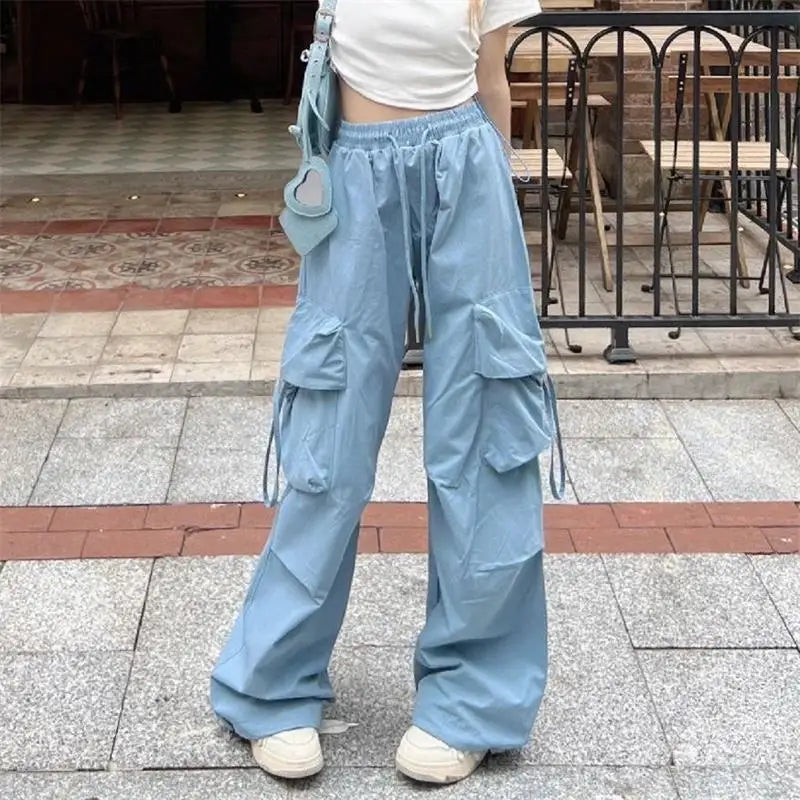 Women Wide Leg Pants Korean Style High Waist Straight-leg Pants Multi-pocket Ladies Fashion Floor-length Trousers Streetwear