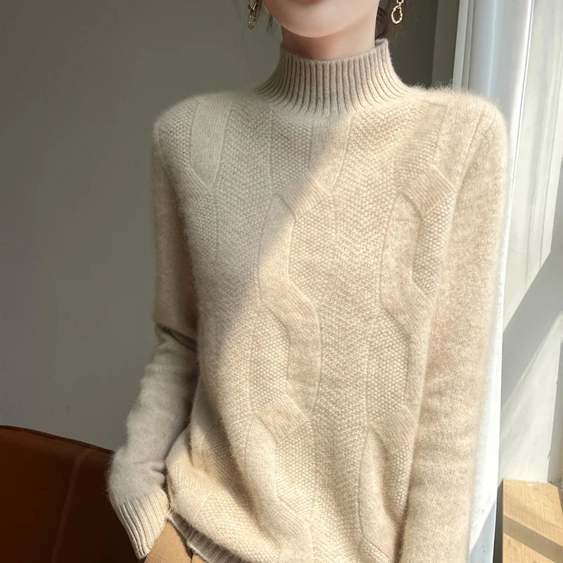 100% Merino Wool Half Turtleneck Pullover Women's Autumn and Winter Thick Twist Flower Sweater Korean Fashion Women's Wear