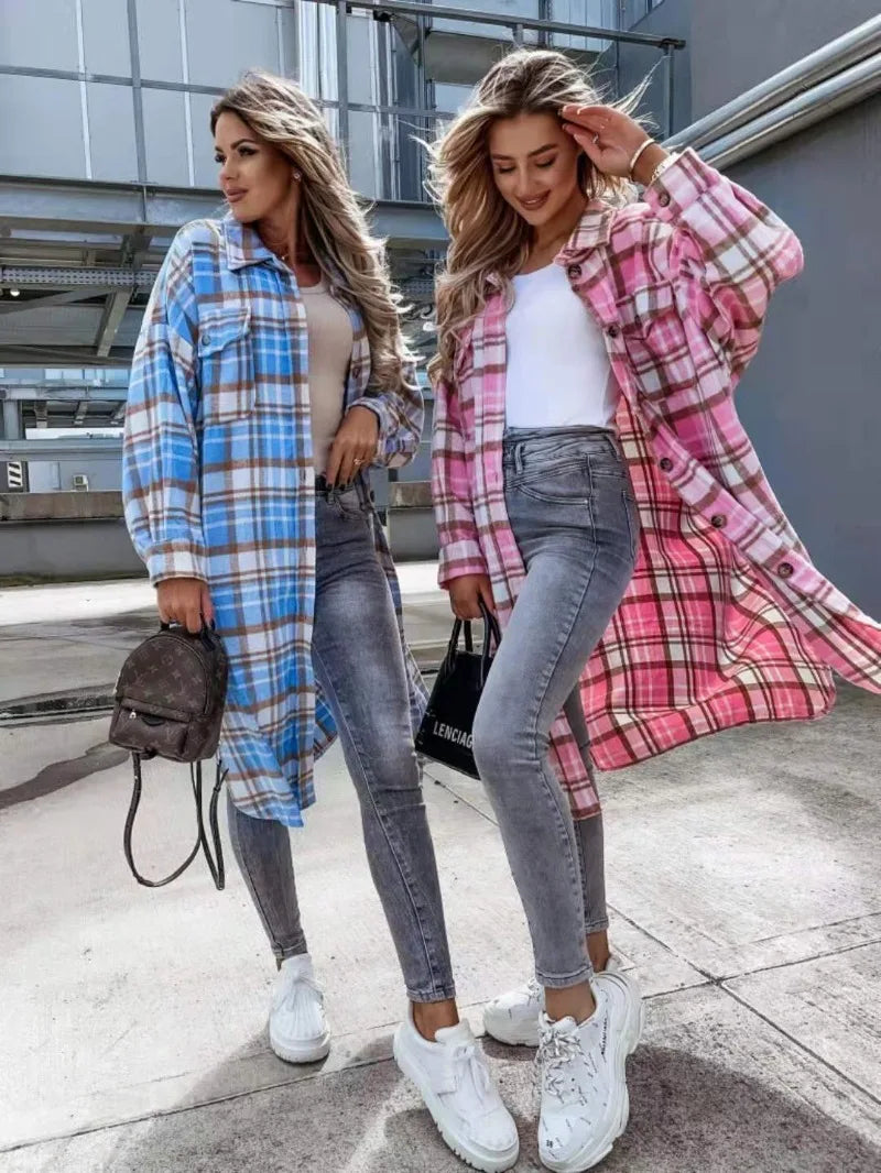 Long Plaid Shirt Coats Women Autumn Oversized Checkered Shirt Female Fashion Vintage Loose Single Breasted Long Cardigans Lady