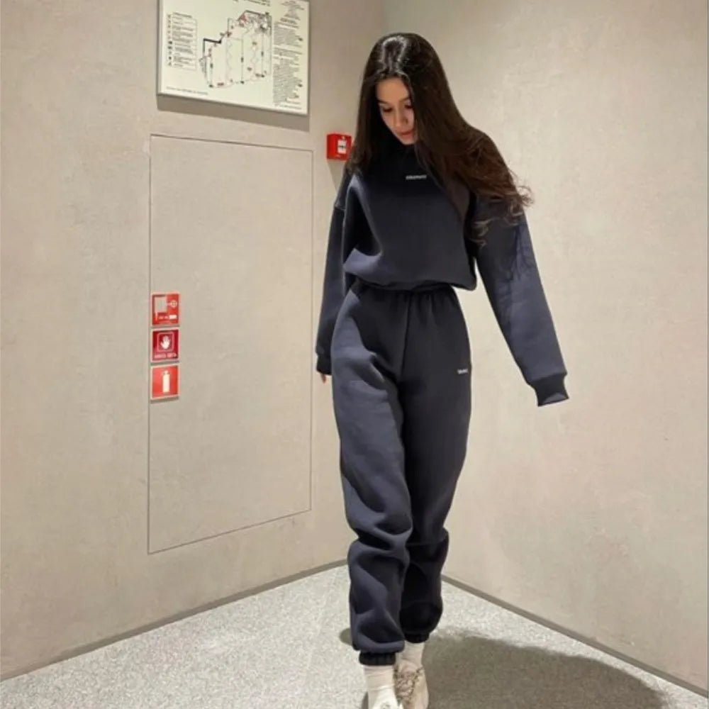 Autumn And Winter New Casual Sports Women's Suit Fashion Solid Color Simple Warm Pants Hoodie Female 2 Piece Set 2024