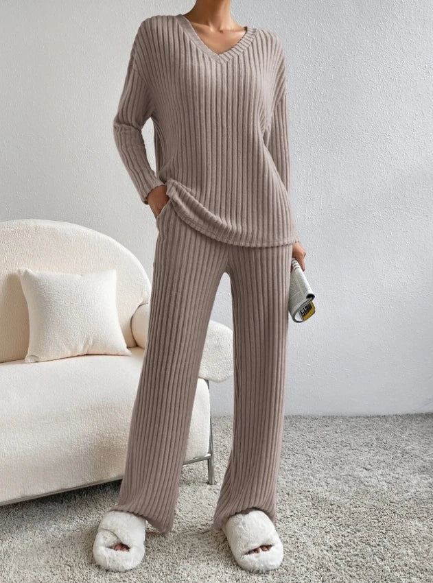 Casual Sets for Women 2 Pieces Autumn New Loungewear Loose V-Neck Long Sleeve Top and Pit Strip Knitted Straight Pants Suit