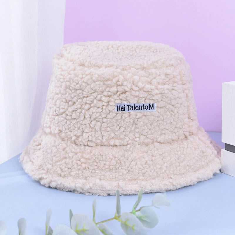 Embroidery Letter Baby Bucket Hat Winter Warm Plush Fishermen Cap for Toddler Boy Girl Korean Soft Lamb Wool Kids Panama Hats