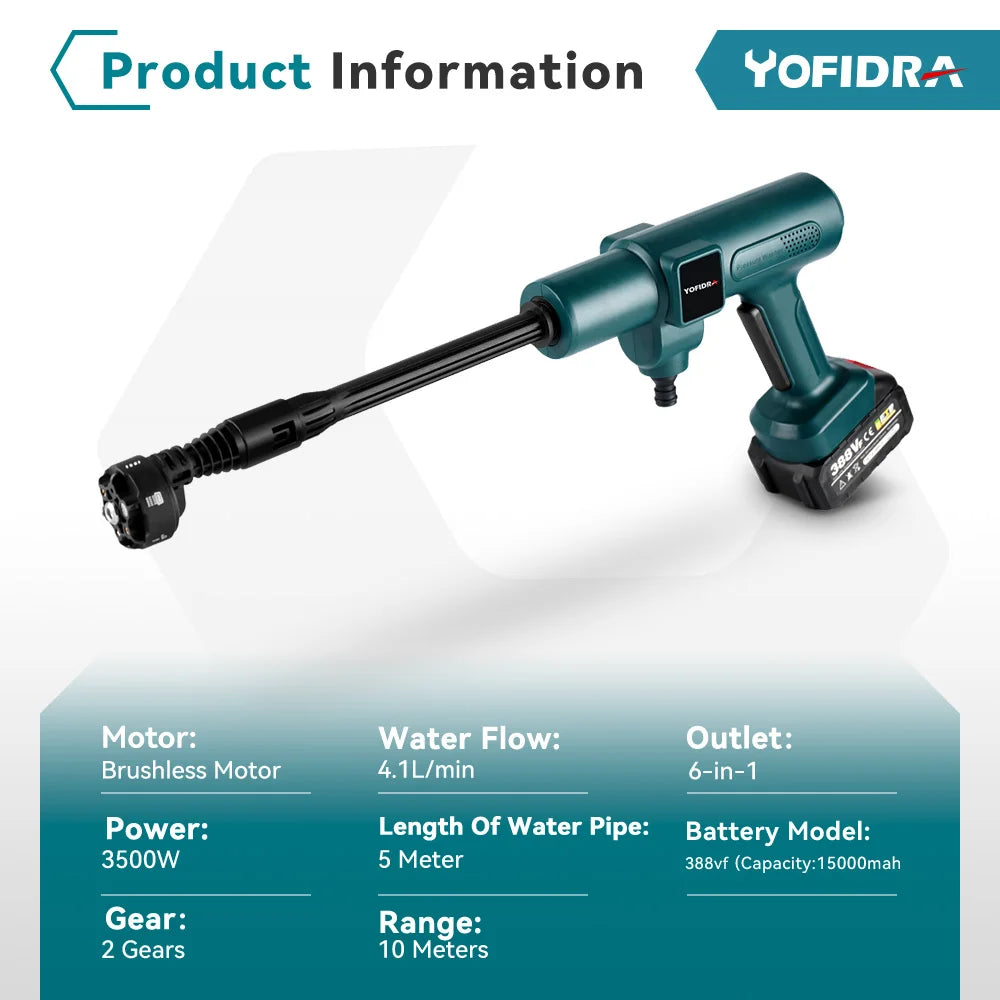 YOFIDRA 200Bar 3500W Brushless Car Water Gun 6 IN 1 High Pressure Electric Washing Cleaning Spray Gun For Makita 18V Battery