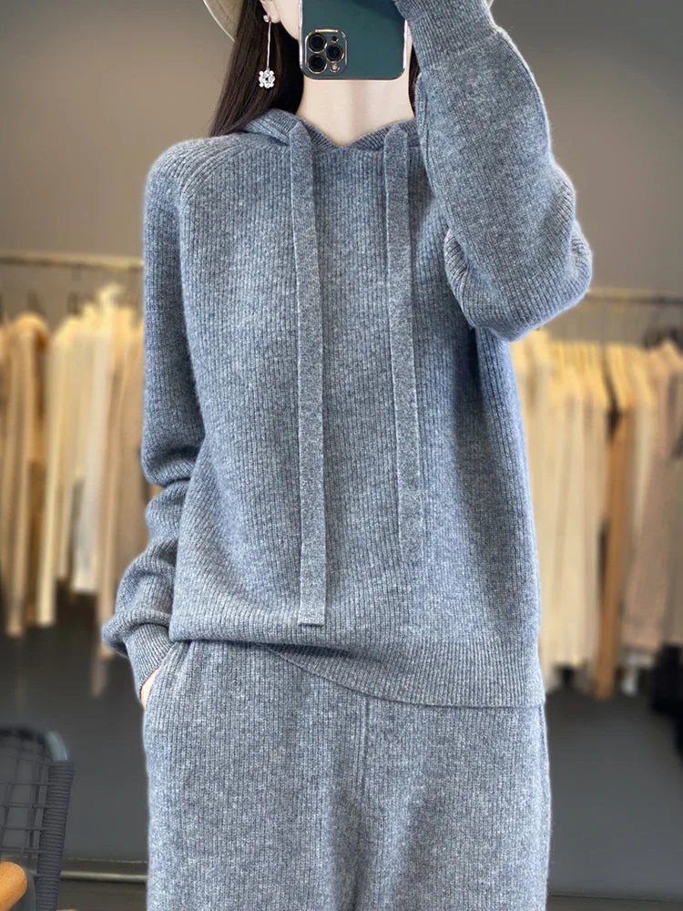 Women's Hoodie + Broadleg Pants 2 Piece 100% Merino Wool Solid Color Sweater High Waist Knitted Pants Autumn Winter Fashion Set