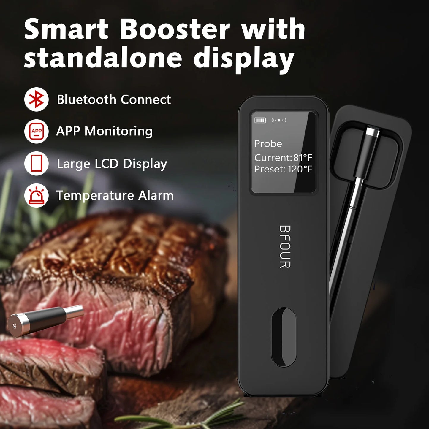 Wireless Bluetooth Meat Thermometer IP67 Waterproof Probes with LCD Screen Booster Rechargeable for Grilling Smoker BBQ Oven