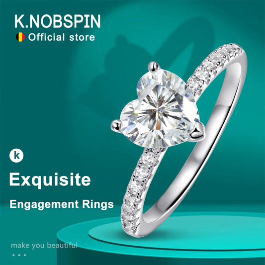 KNOBSPIN D VVS1 1-2ct Heart Moissanite Engagement Ring 925 Sterling Silver Plated 18k White Gold Diamond Promise Rings for Women