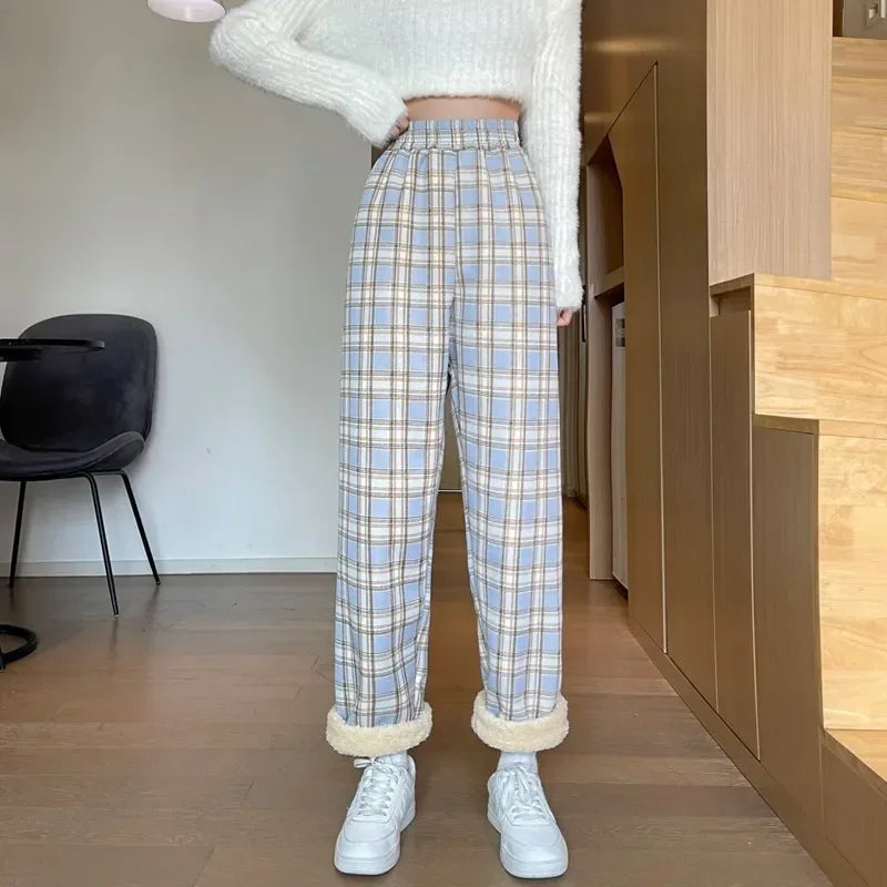 2025 Fashion Warm Plush Pants Cashmere Thick Plaid Ladies Winter Casual Loose Wide-legged Pants Korean Streetwear Students