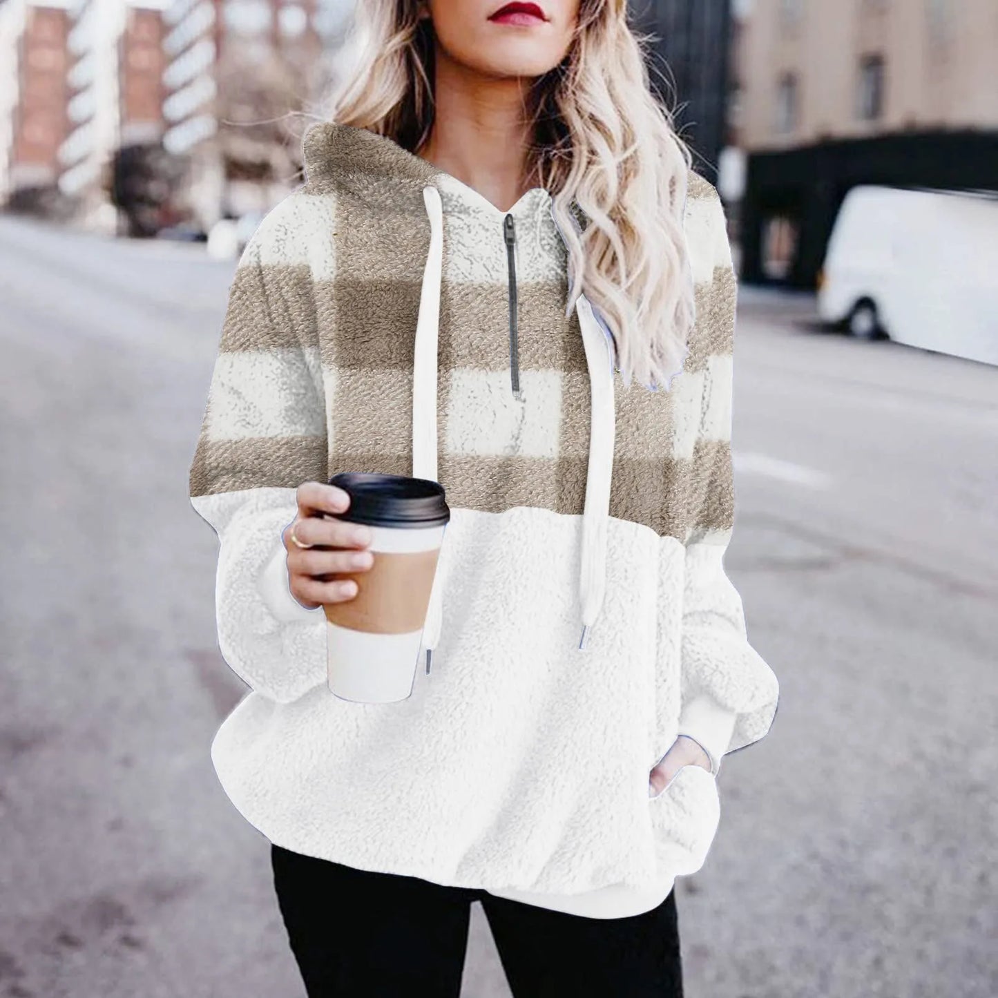 Women'S Autumn Winter Fashionable Color Block Hooded Sweatshirt Casual Zipper Plush Sweatshirt Comfortable Soft Top Sudaderas