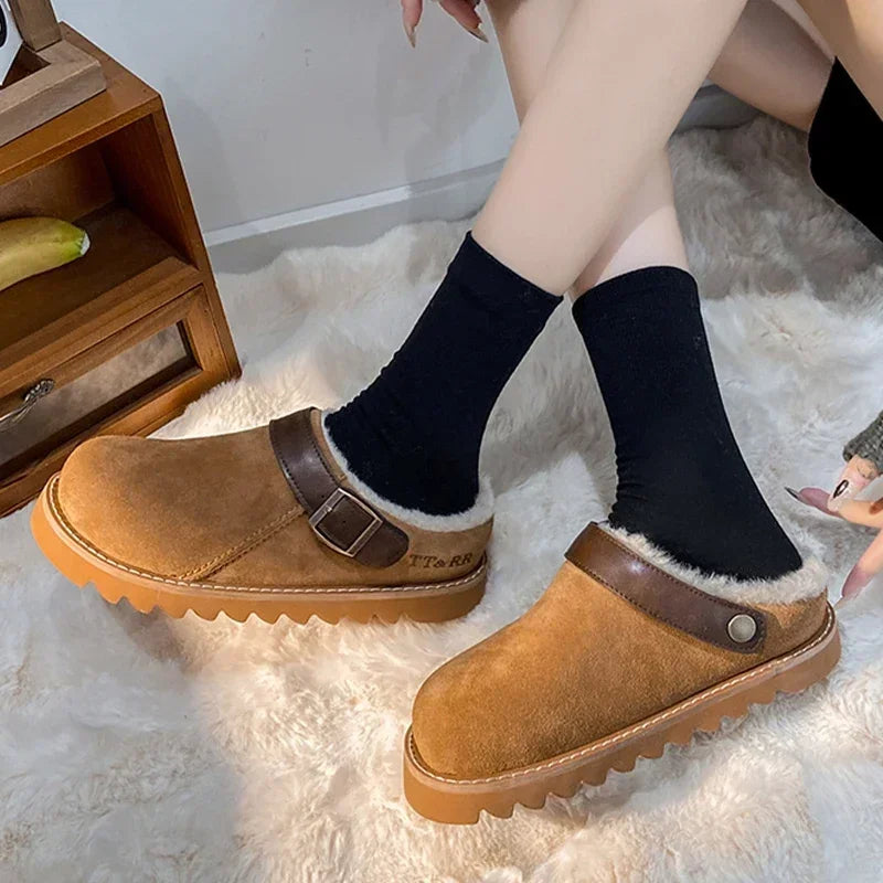 Fur Women Flats Slippers Platform Warm Walking Shoes 2024 Trend Winter New Short Plush Cotton Mules Shoes Home Fad Flip Flops