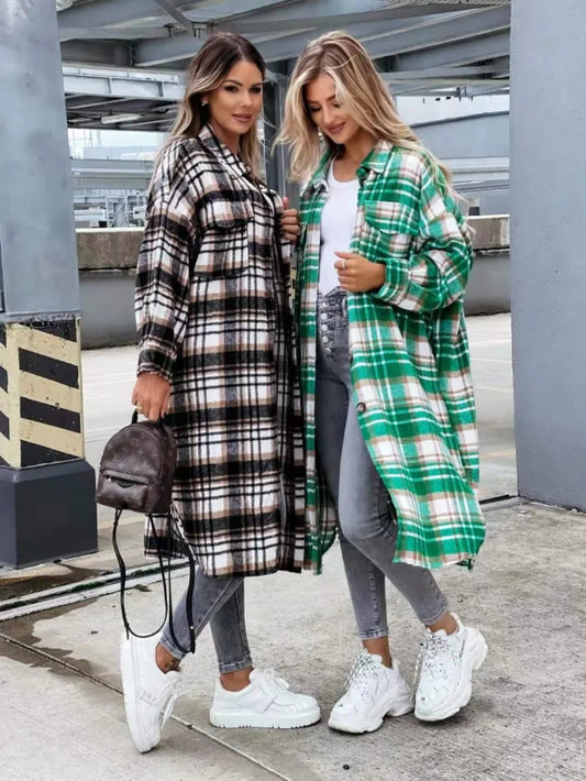 Long Plaid Shirt Coats Women Autumn Oversized Checkered Shirt Female Fashion Vintage Loose Single Breasted Long Cardigans Lady