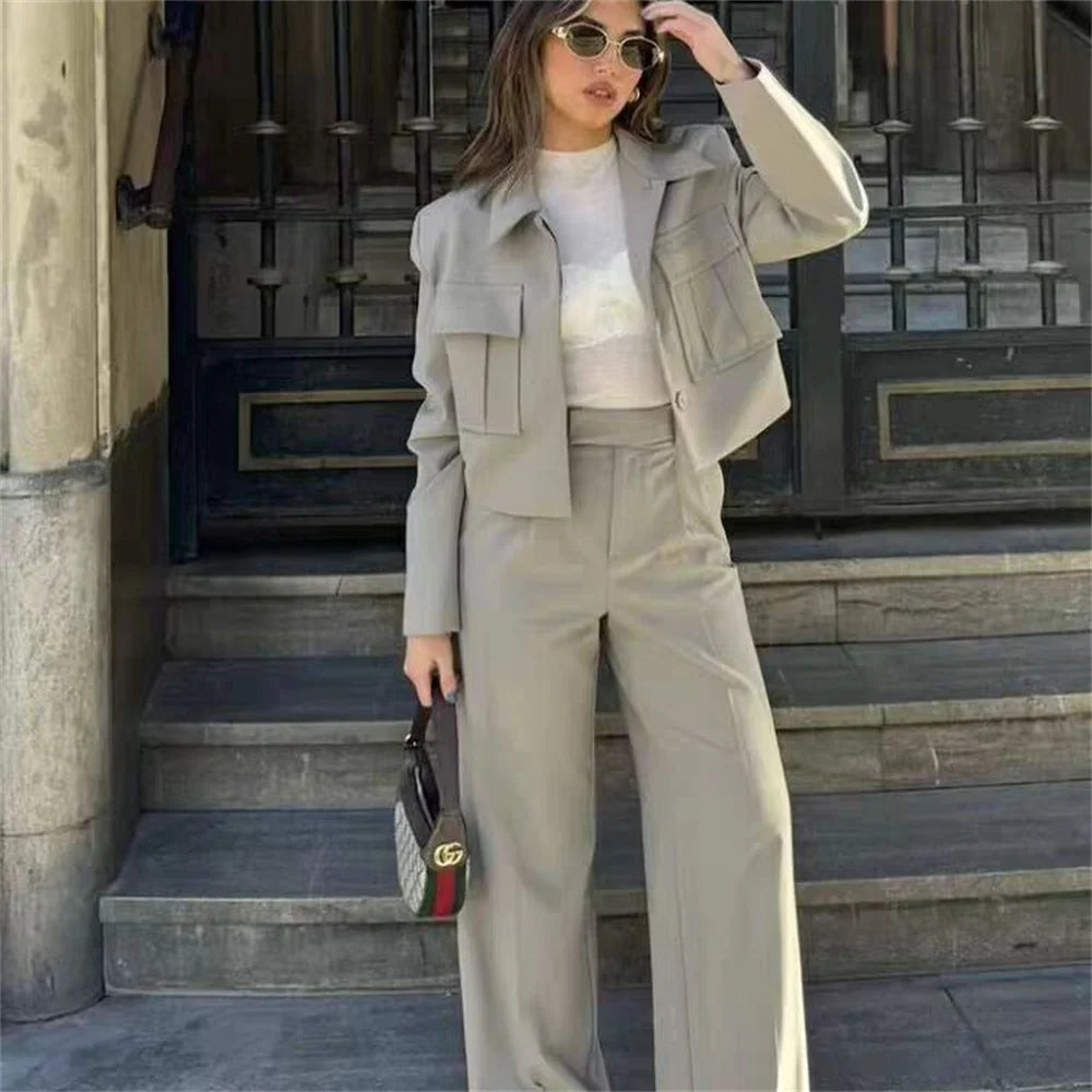 BMURHMZA 2024 Autumn New Product Women's Casual Versatile Collar Double Pocket Coat Solid Color High Waist Pants Fashion Set