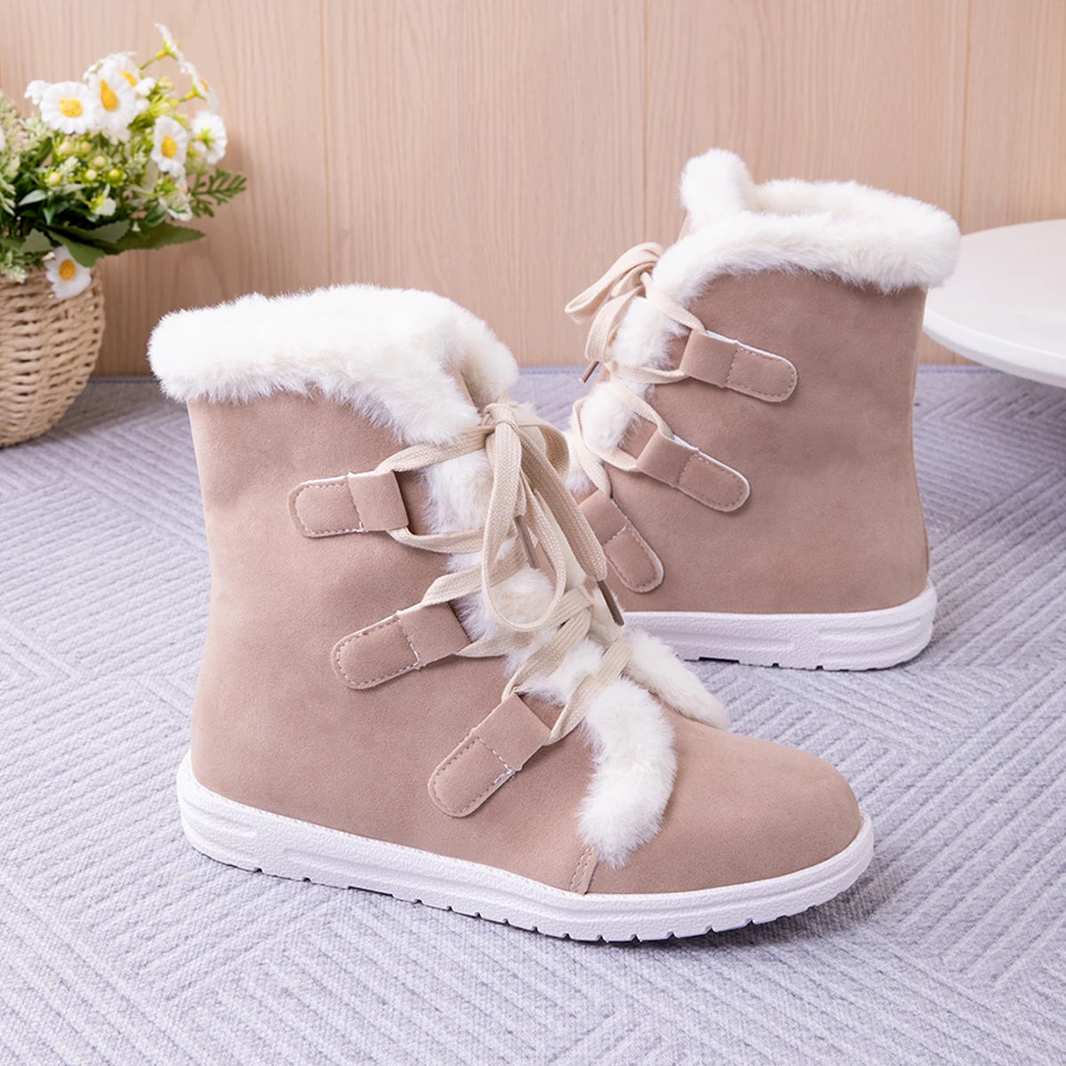 Snow Boots Women's Shoes Short Boot Winter Wedges Luxury Elegant Woman Lolita Furry Sneakers Pink Cute Comfortable Flat on Offer