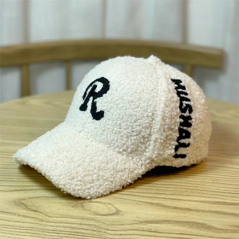 CNTANG Autumn Winter Caps Fashion New Embroidered Letter Imitation Lamb Velvet Baseball Hat Thickened Warm Street Wild Trend Cap