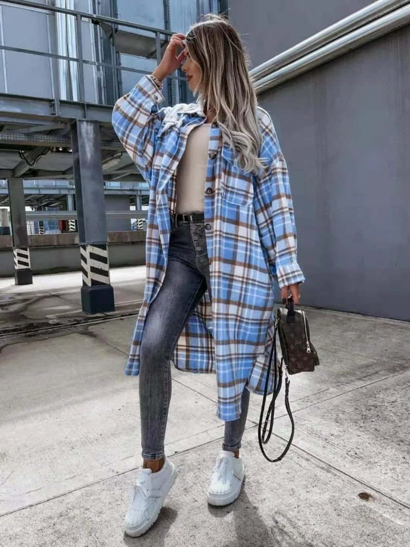 Long Plaid Shirt Coats Women Autumn Oversized Checkered Shirt Female Fashion Vintage Loose Single Breasted Long Cardigans Lady