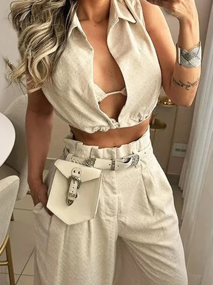 Pant Sets Women Solid Two Piece Set Sleeveless Turn Down Collar Solid Regular Short Tops Long Wide Leg Pants High Waist