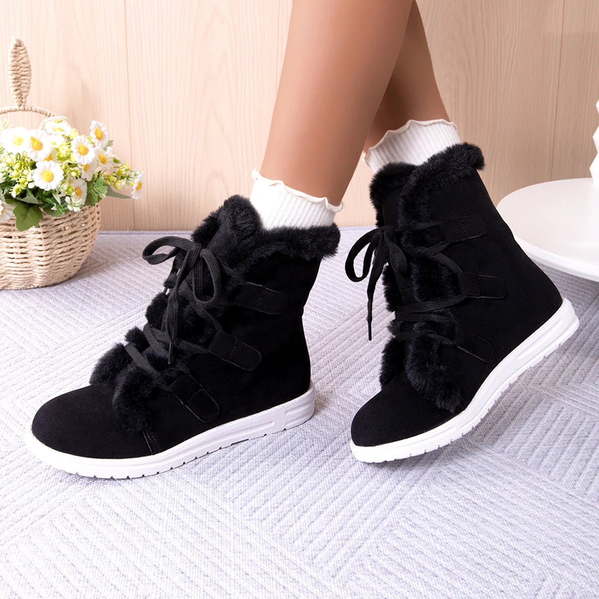 Snow Boots Women's Shoes Short Boot Winter Wedges Luxury Elegant Woman Lolita Furry Sneakers Pink Cute Comfortable Flat on Offer