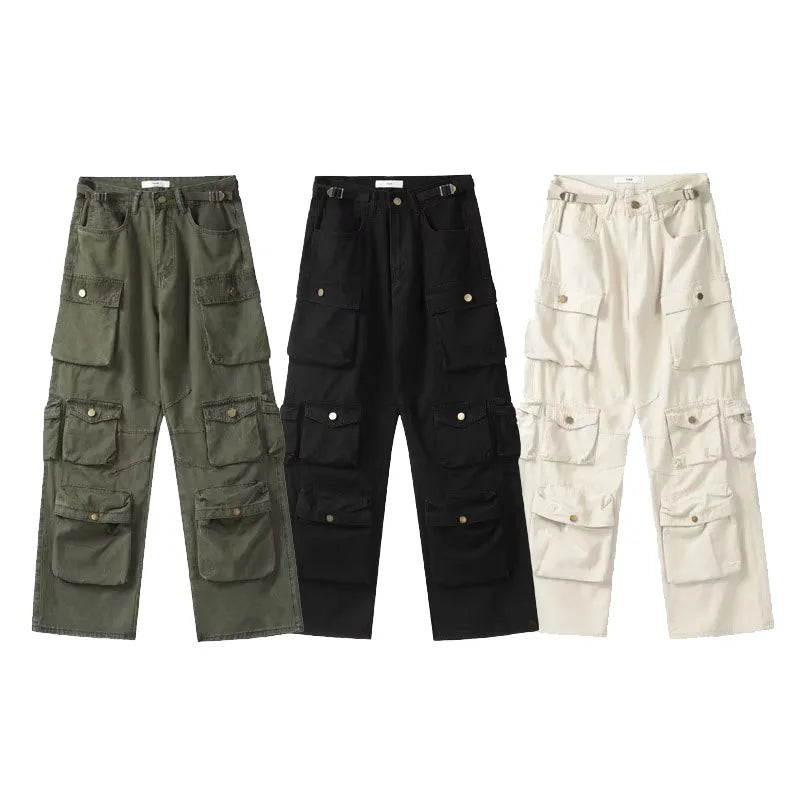 Multi-Pocket Washed Cargo Pants Women Heavy Industry Streetwear Y2K Vintage High Waist Oversized Straight-Leg Jeans Trousers