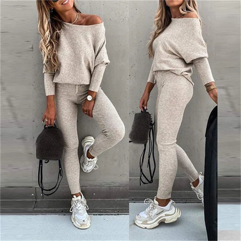 Casual Long-sleeved Oblique Shoulder Blouse Lace-up Slim Trousers Fashion Suit 1-line Collar Pleated Top Pants 2-piece Set Women