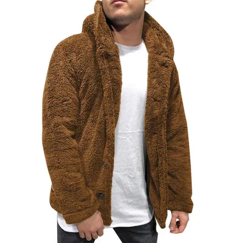 Men's Teddy Bear Fleece Coat Cardigan Winter Warm Hooded Coat Fashion Solid Color Long Sleeve Pocket Button Hooded Warm Coat