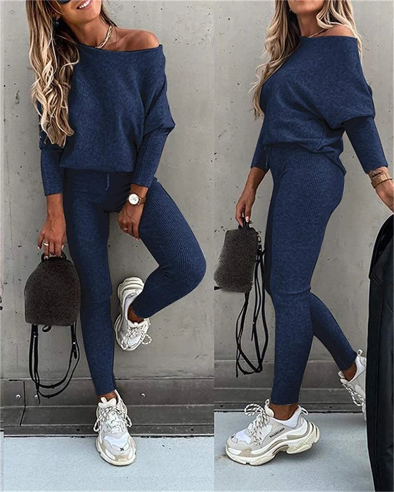 Casual Long-sleeved Oblique Shoulder Blouse Lace-up Slim Trousers Fashion Suit 1-line Collar Pleated Top Pants 2-piece Set Women