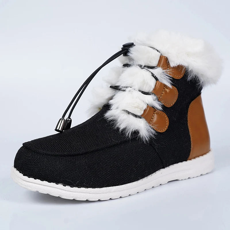 Non Slip Winter Fur Snow Boots Women Casual Lace Up Flat Heels Snow Boots Woman Comfortable Faux Fur Cotton Padded Shoes Female