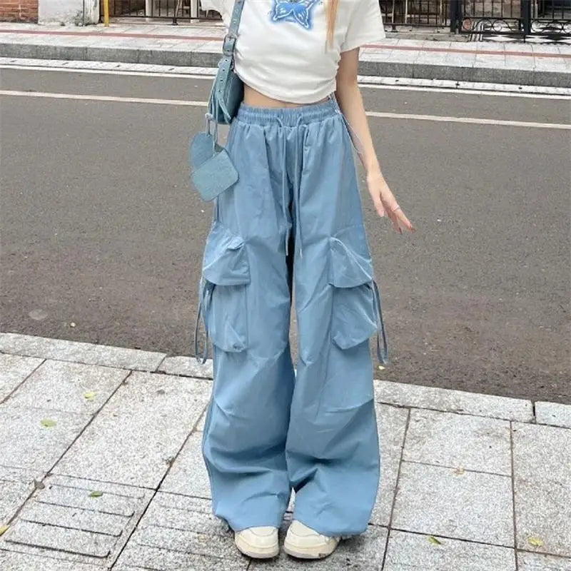 Women Wide Leg Pants Korean Style High Waist Straight-leg Pants Multi-pocket Ladies Fashion Floor-length Trousers Streetwear