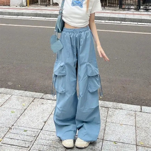 Women Wide Leg Pants Korean Style High Waist Straight-leg Pants Multi-pocket Ladies Fashion Floor-length Trousers Streetwear