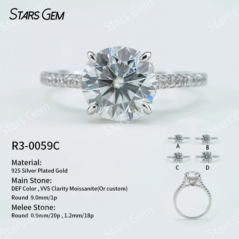 S925 Silver Round Brilliant Cut Moissanite Ring Solitaire Engagement Ring Fine Jewelry