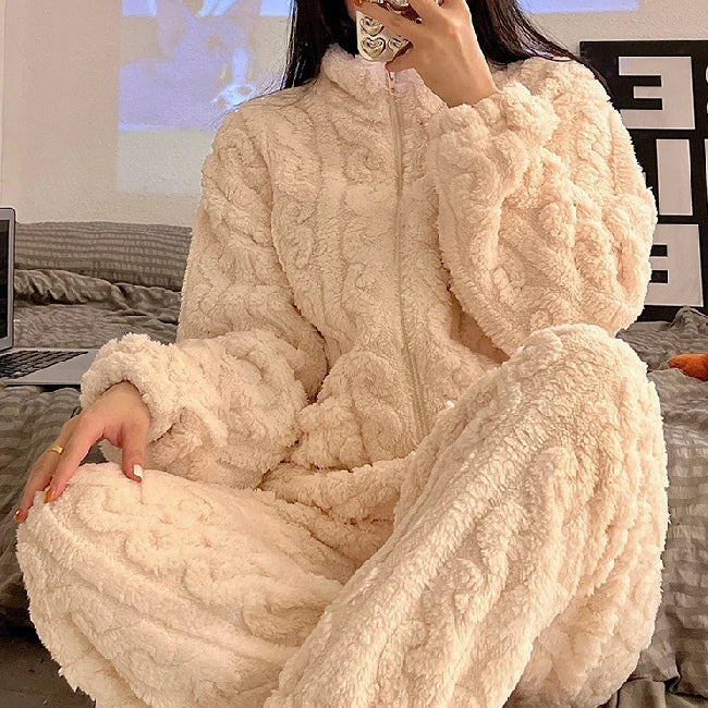 Large Size Flannel Pajamas Set Autumn Winter Female Sleepwear Trouser Suit Thicken Coral Fleece High Collar Lounge Wear Homewear