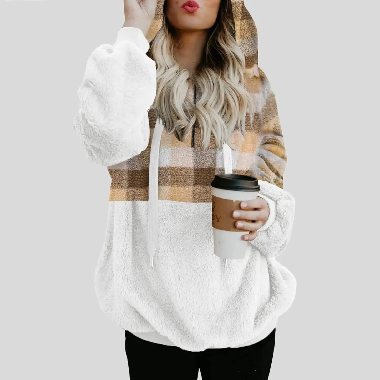 Women'S Autumn Winter Fashionable Color Block Hooded Sweatshirt Casual Zipper Plush Sweatshirt Comfortable Soft Top Sudaderas