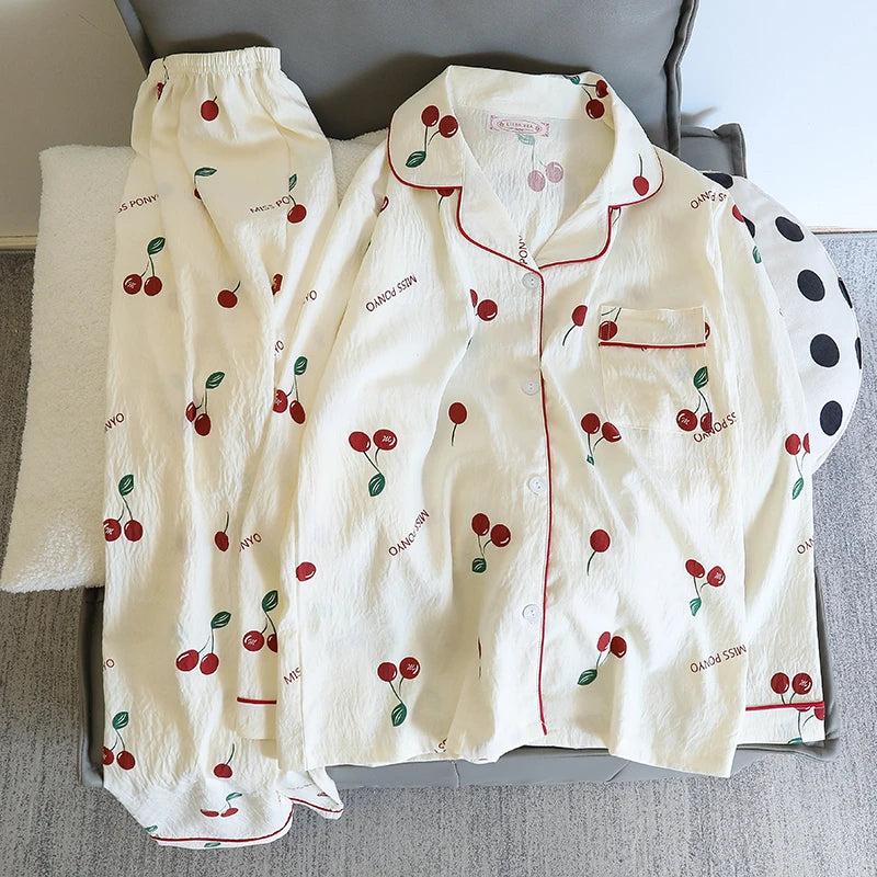 Women's Pajamas Autumn Spring Long Sleeve Soft Sleepwear Set Cherry Floral Cartoon Pyjama Woman Home Nightwear Set Cardigan ﻿