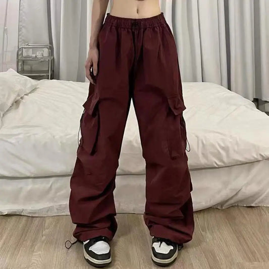 Y2K Parachute Black Elastic Waist Pants Women Streetwear Multi Pockets Cargo Trousers Harajuku Wide Leg Baggy Sweatpants