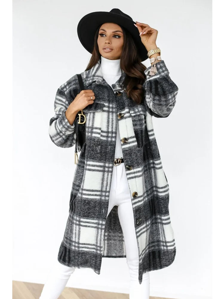 Women Plaid Printed Warm Jacket 2021 Autumn Winter New Fashion Casual Long Overcoat Pop Lapel Lady Single Breasted Shirt Coats