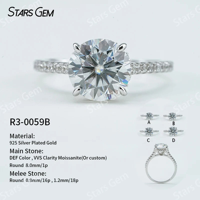 S925 Silver Round Brilliant Cut Moissanite Ring Solitaire Engagement Ring Fine Jewelry