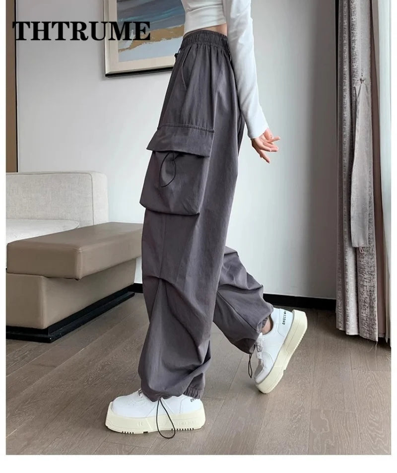 Women Fashion Baggy Cargo Pants Summer Oversized Vintage Y2K Hip Hop Elastic High Waist Pant Casual Office Lady Loose Trousers