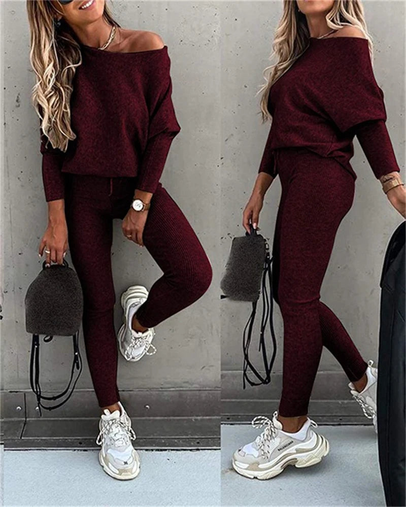 Casual Long-sleeved Oblique Shoulder Blouse Lace-up Slim Trousers Fashion Suit 1-line Collar Pleated Top Pants 2-piece Set Women