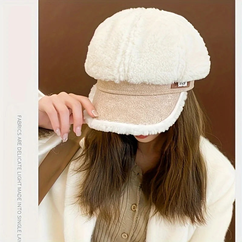 New Lamb Hair Octagonal Hat for Women's Korean Fashion Duck Tongue Hat with Plush Bud Hat, Fashionable British Retro Artist Hat